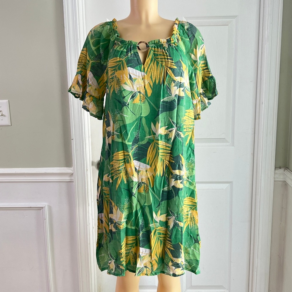 Naif Tropical Floral Shift Dress Womens Medium Green Yellow Ruffle Sleeve Boho